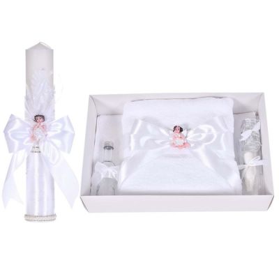 Lumanare botez eleganta cu ingeras si trusou botez asortat, decor Alb, Denikos® C9309 NKO6032
