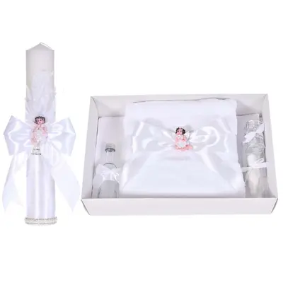 Lumanare botez eleganta cu ingeras si trusou botez asortat, decor Alb, Denikos&reg; C9309 NKO6032