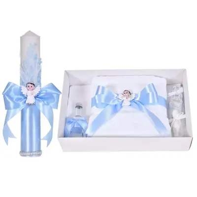 Set botez cochet, lumanare dantela, margelute si ingeras si trusou botez asortat, decor Bleu, Denikos&reg; C9311 NKO6034