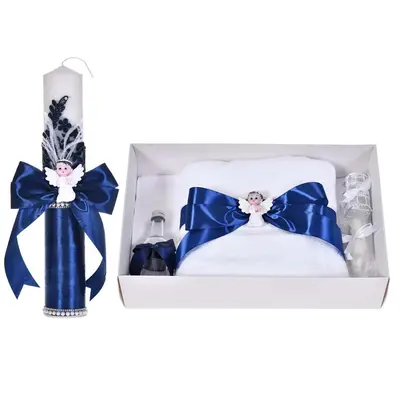 Set botez cochet, lumanare dantela, margelute si ingeras si trusou botez asortat, decor Bleumarin, Denikos&reg; C9312 NKO6035