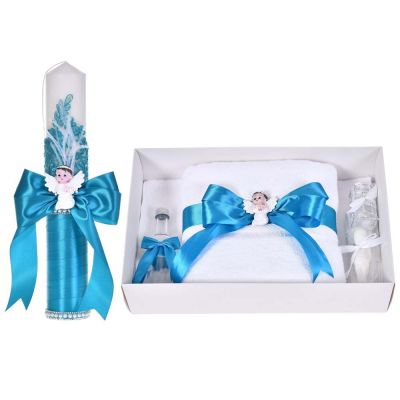 Set botez cu lumanare dantela, margelute si ingeras si trusou botez asortat, decor Turcoaz, Denikos® C9313 NKO6036