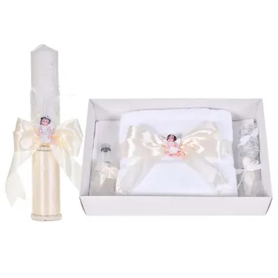 Set botez cu lumanare decor dantela, margelute si ingeras si trusou botez asortat, Crem / Ivoire, Denikos&reg; C9314 NKO6037