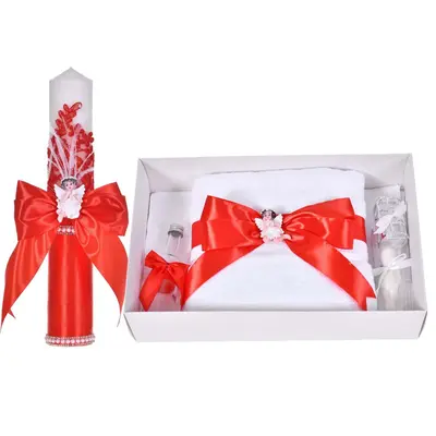 Set botez cu lumanare decor dantela, margelute si ingeras si trusou botez asortat, Rosu, Denikos&reg; C9317 NKO6040