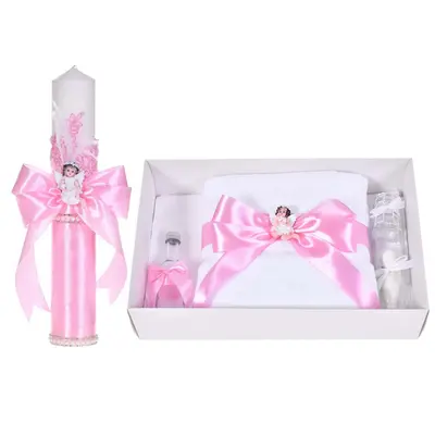 Set botez cu lumanare decor dantela, margelute si ingeras si trusou botez asortat, Roz, Denikos&reg; C9315 NKO6038