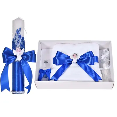 Set botez elegant, lumanare dantela, margelute si ingeras si trusou botez asortat, decor Albastru, Denikos&reg; C9310 NKO6033