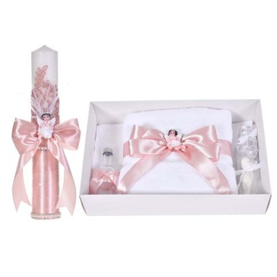 Set botez sic cu lumanare decor dantela, margelute si ingeras si trusou botez asortat, Roz pudra, Denikos® C9316 NKO6039