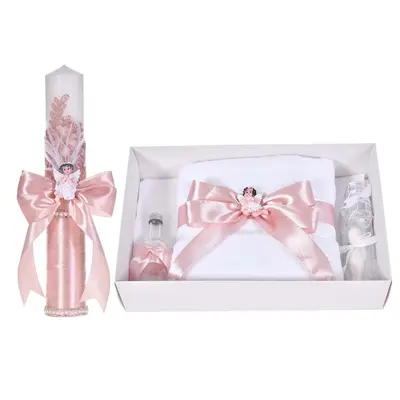 Set botez sic cu lumanare decor dantela, margelute si ingeras si trusou botez asortat, Roz pudra, Denikos&reg; C9316 NKO6039