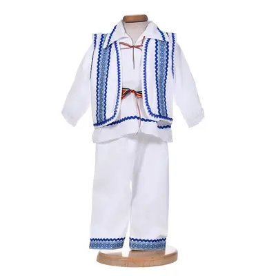 Costum traditional baietel, 4 piese, alb - albastru, Denikos&reg; 0203 NIK6061