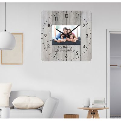 Ceas de perete cu foto familie -gri-48x48 cm-plastic-patrat