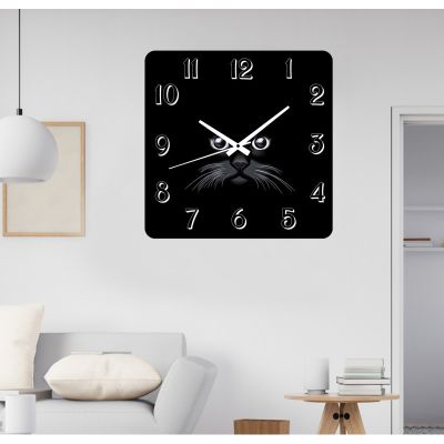 Ceas de perete pisica neagra -negru-40x40 cm-plastic-patrat