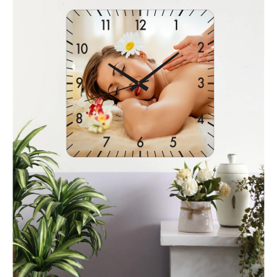 Ceas de perete salon masaj -galben-40x40 cm-plastic-patrat