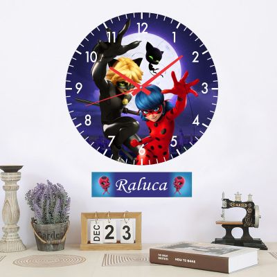 Ceas pentru copii buburuza si motan noir -albastru-plastic-rotund-30 cm