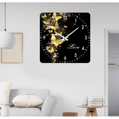 Ceas de perete fluturi aurii -negru-40x40 cm-plastic-patrat
