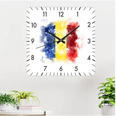 Ceas De Perete Steag Romania 1 -30x30 Cm-plastic-patrat-multicolor