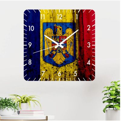 Ceas de perete steag romania 2 -48x48 cm-plastic-patrat-multicolor