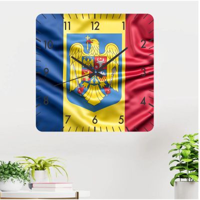 Ceas de perete steag romania 4 -48x48 cm-plastic-patrat-multicolor