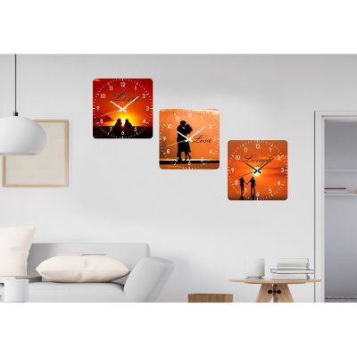 Set ceasuri de perete live, laugh, love -portocaliu-40x40 cm-plastic-patrat