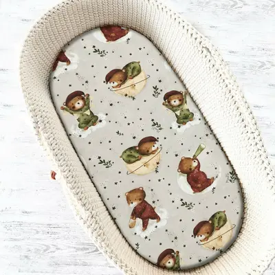 MimiNu - Cearceaf cu elastic pentru landou, carucior si cosulet, Dimensiune 80x35 cm, Din bumbac certificat Oeko Tex Standard 100, Teddy Bear On Moon BYN6426972023528
