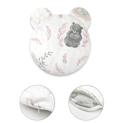 MimiNu - Perna ergonomica Ursulet, Cu doua urechi, Cu husa detasabila cu fermoar, Materiale certificate Oeko Tex Standard 100, Pentru patut, carucior, scoica/scaun auto, Lulu Rose BYN6426972023795