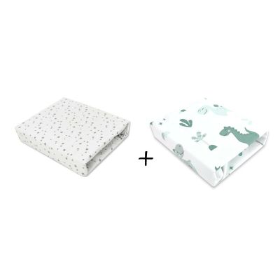 MimiNu - Set 2 cearceafuri cu elastic pentru patut leagan sau patut co-sleeper, 90x40 cm, Din bumbac, Material certificat Oeko Tex Standard 100, Dino Mint and Mini Grays Stars BYN6426972024082