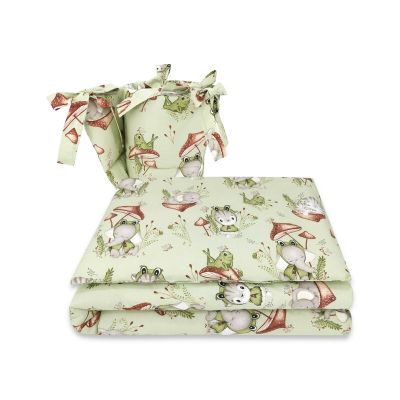 Qmini - Lenjerie patut 3 piese, Cu protectie laterala, Din bumbac certificat Oeko Tex Standard 100, Pentru patut 120x60 cm, Frogs BYN6426972023320