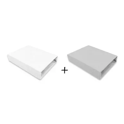 Qmini - Set 2 cearceafuri cu elastic pentru patut leagan sau patut co-sleeper, 90x50 cm, Din bumbac, Material certificat Oeko Tex Standard 100, White and Grey BYN6426972023993