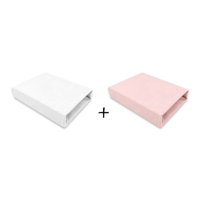 Qmini - Set 2 cearceafuri cu elastic pentru patut leagan sau patut co-sleeper, 90x50 cm, Din bumbac, Material certificat Oeko Tex Standard 100, White and Powdery Pink BYN6426972024006