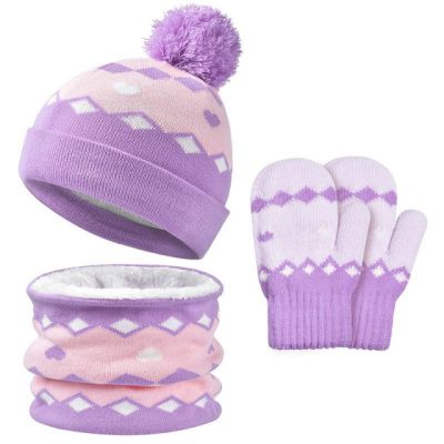 Set lila cu roz imblanit - caciulita cu fular si manusi MDHT2023-2-2-ca1