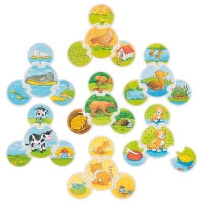 Joc puzzle de asociere animalele - hrana, mediul de viata si puii - okegoki56811