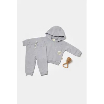 Set hanorac cu gluga si pantaloni, Two thread, 100%bumbac organic - Gri, BabyCosy (Marime: 12-18 Luni) JEMBC-CSY8000-12