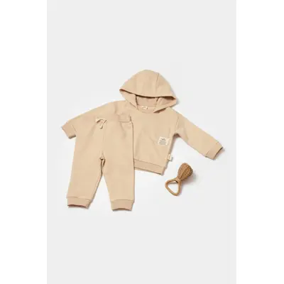 Set hanorac cu gluga si pantaloni, Two thread, 100%bumbac organic - Stone, BabyCosy (Marime: 12-18 Luni) JEMBC-CSY8003-12