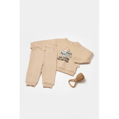 Set hanorac si pantaloni, Two thread, 100%bumbac organic - Stone, BabyCosy (Marime: 9-12 luni) JEMBC-CSY8027-9