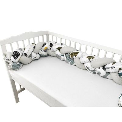 MimiNu - Protectie laterala pentru patut bebe, Tip Bumper impletit, Din bumbac, Din materiale certificate Oeko Tex Standard 100, Lungime 220 cm, Childrens Journey Grey  BYN6426972023948