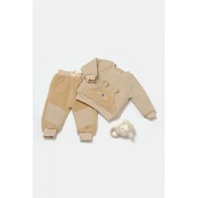 Set bluza cu buzunar si pantaloni Ursulet, Winter muselin, 100% bumbac dublat - Apricot, BabyCosy (Marime: 18-24 Luni) JEMBC-CSYM7032-18