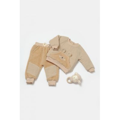Set bluza cu buzunar si pantaloni Ursulet, Winter muselin, 100% bumbac dublat - Apricot, BabyCosy (Marime: 6-9 luni) JEMBC-CSYM7032-6
