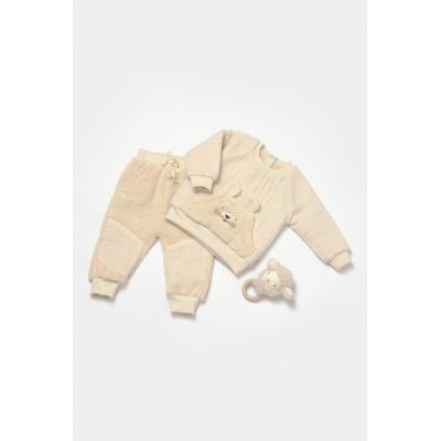 Set bluza cu buzunar si pantaloni Ursulet, Winter muselin, 100% bumbac dublat - Stone, BabyCosy (Marime: 12-18 Luni) JEMBC-CSYM7030-12