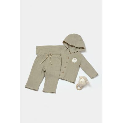 Set bluza cu gluga si pantaloni, Winter muselin, 100% bumbac - Verde, BabyCosy (Marime: 3-6 Luni) JEMBC-CSYM7034-3