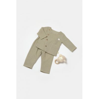 Set bluza cu nasturi si pantaloni , Winter muselin, 100% bumbac - Verde, BabyCosy (Marime: 18-24 Luni) JEMBC-CSYM7019-18