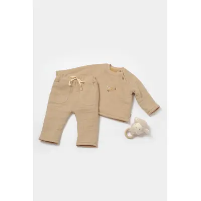 Set bluza dublata si pantaloni, Winter muselin, 100% bumbac - Apricot, BabyCosy (Marime: 9-12 luni) JEMBC-CSYM7023-9