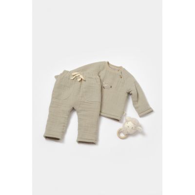 Set bluza dublata si pantaloni, Winter muselin, 100% bumbac - Verde, BabyCosy (Marime: 3-6 Luni) JEMBC-CSYM7022-3