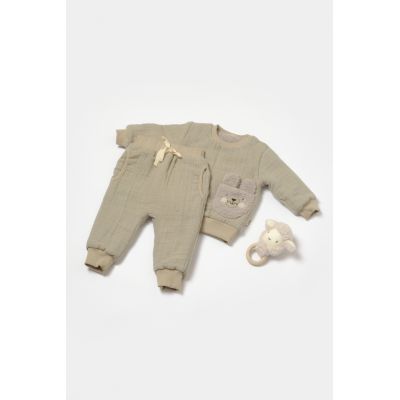 Set bluza dublata si pantaloni Ursulet, Winter muselin, 100% bumbac - Verde, BabyCosy (Marime: 18-24 Luni) JEMBC-CSYM7028-18