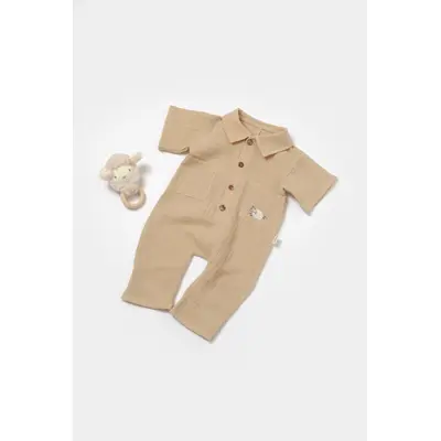 Salopeta cu maneca scurta si nasturei Sheep, 100% bumbac - Apricot, BabyCosy (Marime: 12-18 Luni) JEMBC-CSYM7041-12