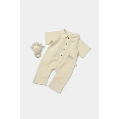 Salopeta cu maneca scurta si nasturei Sheep, 100% bumbac - Stone, BabyCosy (Marime: 6-9 luni) JEMBC-CSYM7039-6