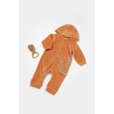 Salopeta Elefant cu maneca lunga si gluga din 80%bumbac organic si 20% poliester - Caramiziu, BabyCosy (Marime: 18-24 Luni) JEMBC-CSYK6044-18