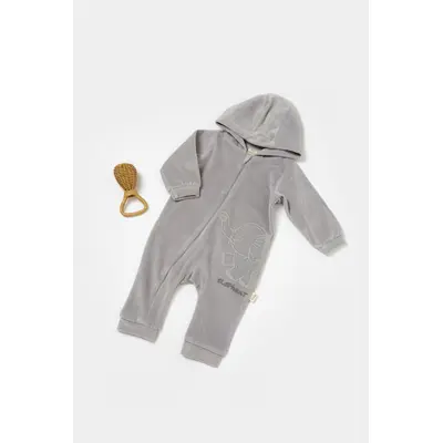Salopeta Elefant cu maneca lunga si gluga din 80%bumbac organic si 20% poliester - Gri, BabyCosy (Marime: 3-6 Luni) JEMBC-CSYK6046-3