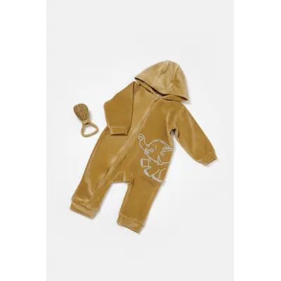 Salopeta Elefant cu maneca lunga si gluga din 80%bumbac organic si 20% poliester - Mustar, BabyCosy (Marime: 12-18 Luni) JEMBC-CSYK6045-12
