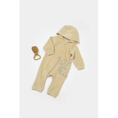 Salopeta Elefant cu maneca lunga si gluga din 80%bumbac organic si 20% poliester - Stone, BabyCosy (Marime: 3-6 Luni) JEMBC-CSYK6042-3