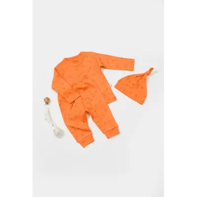 Set 3 piese:bluza, pantaloni si caciulita Printed, BabyCosy, 50% modal+50% bumbac, Apricot (Marime: 9-12 luni) JEMBC-CSYM25505-9