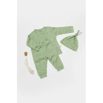 Set 3 piese:bluza, pantaloni si caciulita Printed, BabyCosy, 50% modal+50% bumbac, Verde (Marime: 12-18 Luni) JEMBC-CSYM25503-12