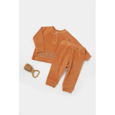 Set bluzita si pantaloni Elefant, 80%bumbac organic si 20% poliester - Caramiziu, BabyCosy (Marime: 12-18 Luni) JEMBC-CSYK6049-12